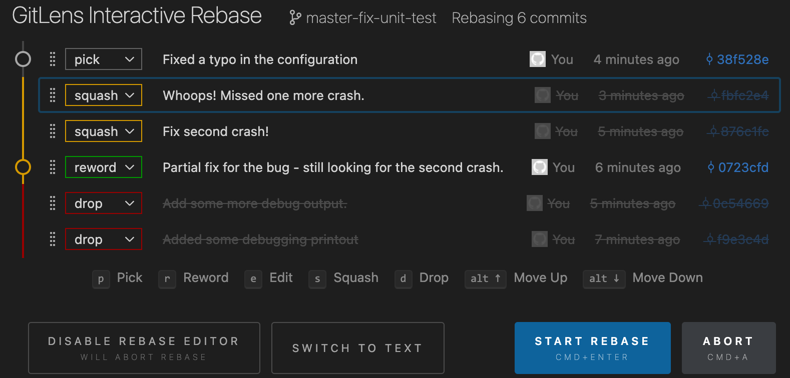 The interactive rebase GUI, just before starting the rebase