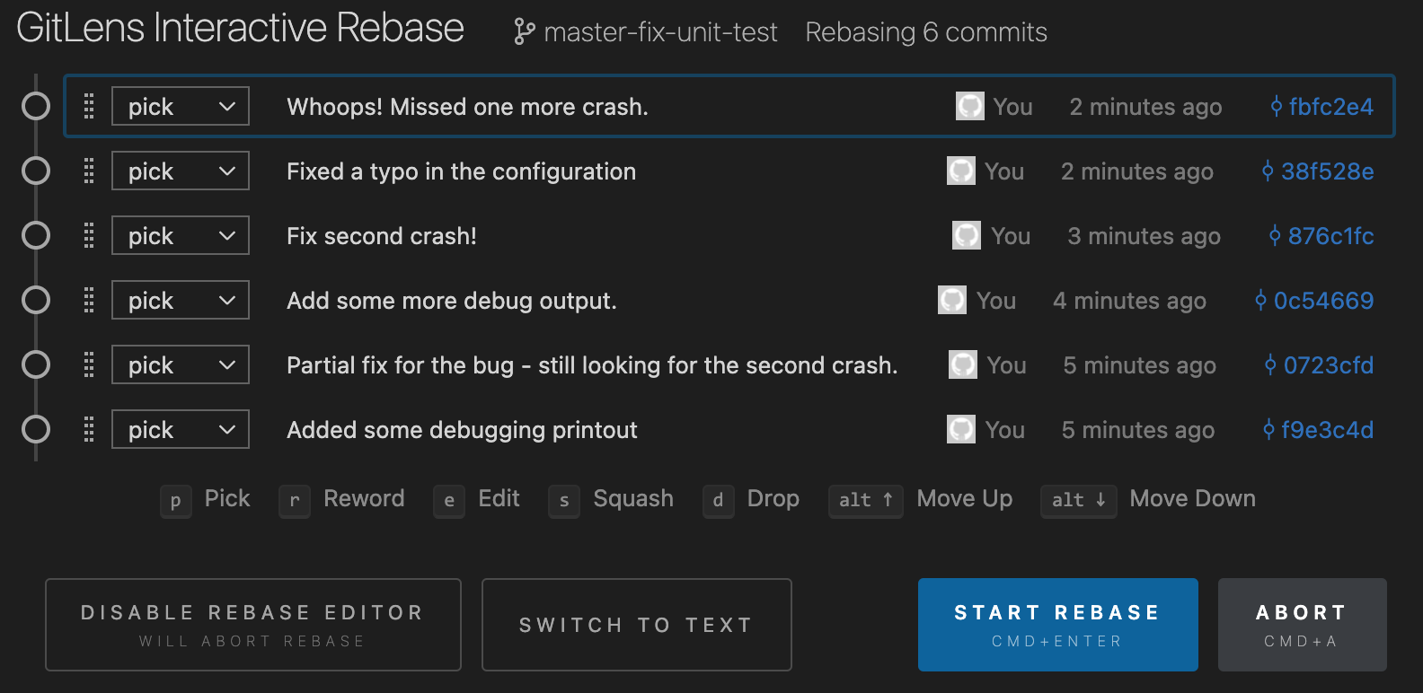 The interactive rebase GUI before any changes are made